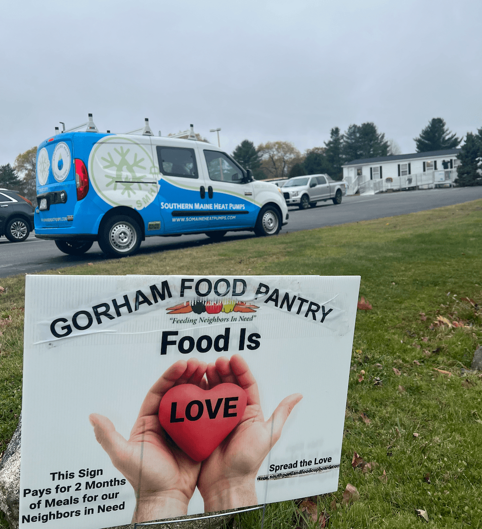 Southern Maine Heat Pumps van supporting the Gorham Food Pantry - giving back to our community